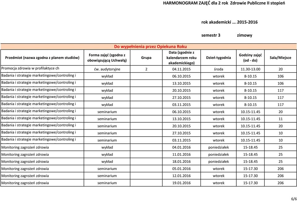 2015 środa 11.30-13.00 20 Badana stratege marketngowe/controlng wykład 06.10.2015 wtorek 8-10.15 106 budżetowane Badana stratege w orone marketngowe/controlng zdrowa wykład 13.10.2015 wtorek 8-10.15 106 budżetowane Badana stratege w orone marketngowe/controlng zdrowa wykład 20.