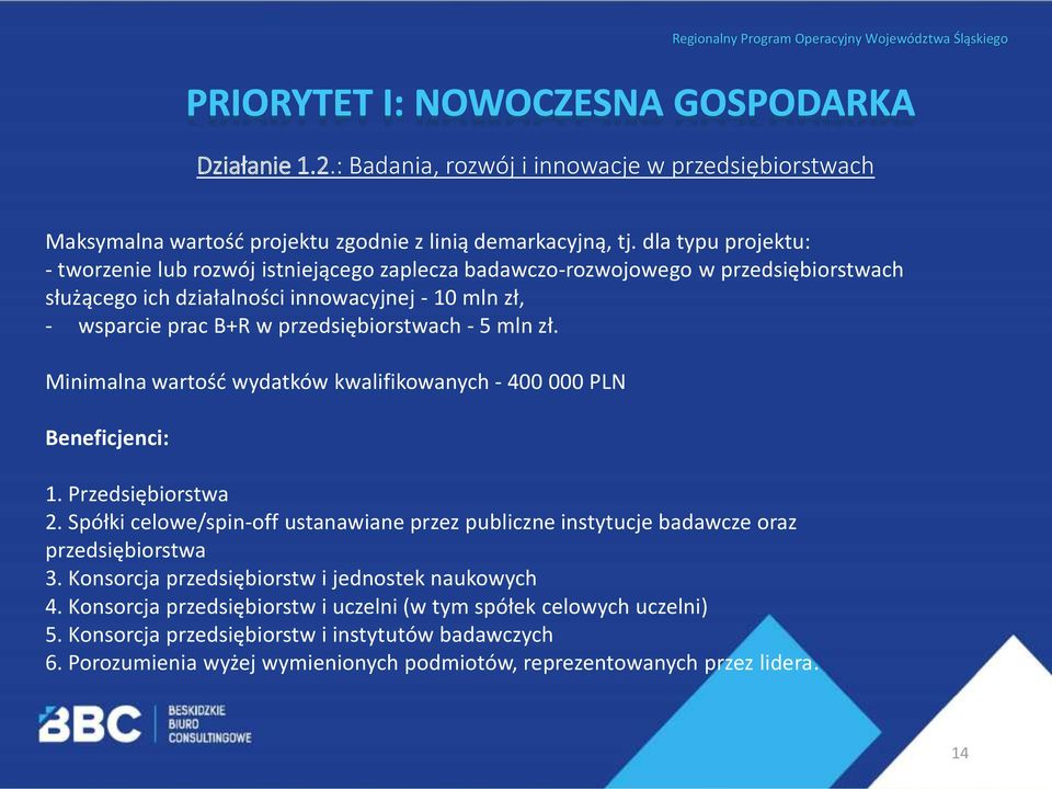 - 5 mln zł. Minimalna wartość wydatków kwalifikowanych - 400 000 PLN Beneficjenci: 1. Przedsiębiorstwa 2.