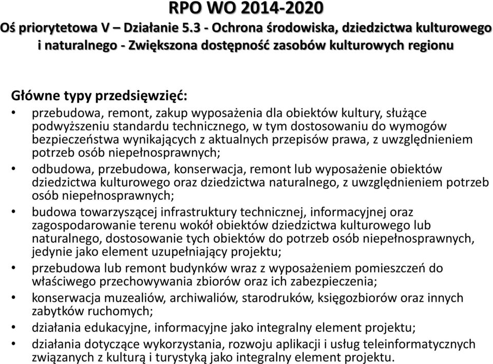 kultury, służące podwyższeniu standardu technicznego, w tym dostosowaniu do wymogów bezpieczeostwa wynikających z aktualnych przepisów prawa, z uwzględnieniem potrzeb osób niepełnosprawnych;