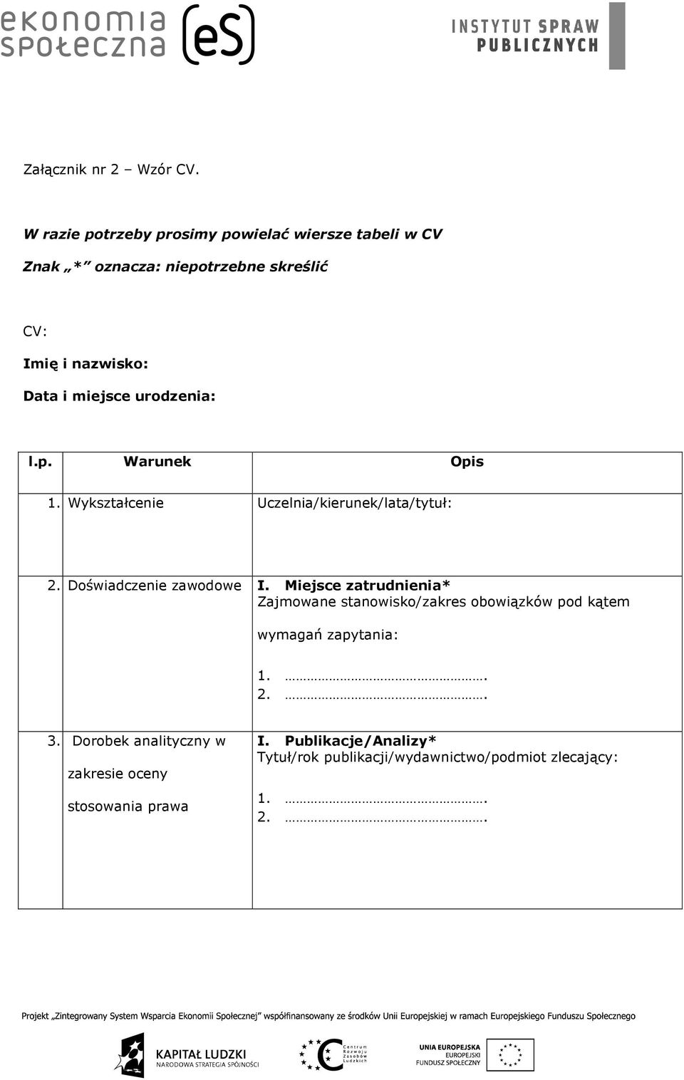 miejsce urodzenia: l.p. Warunek Opis 1. Wykształcenie Uczelnia/kierunek/lata/tytuł: 2. Doświadczenie zawodowe I.