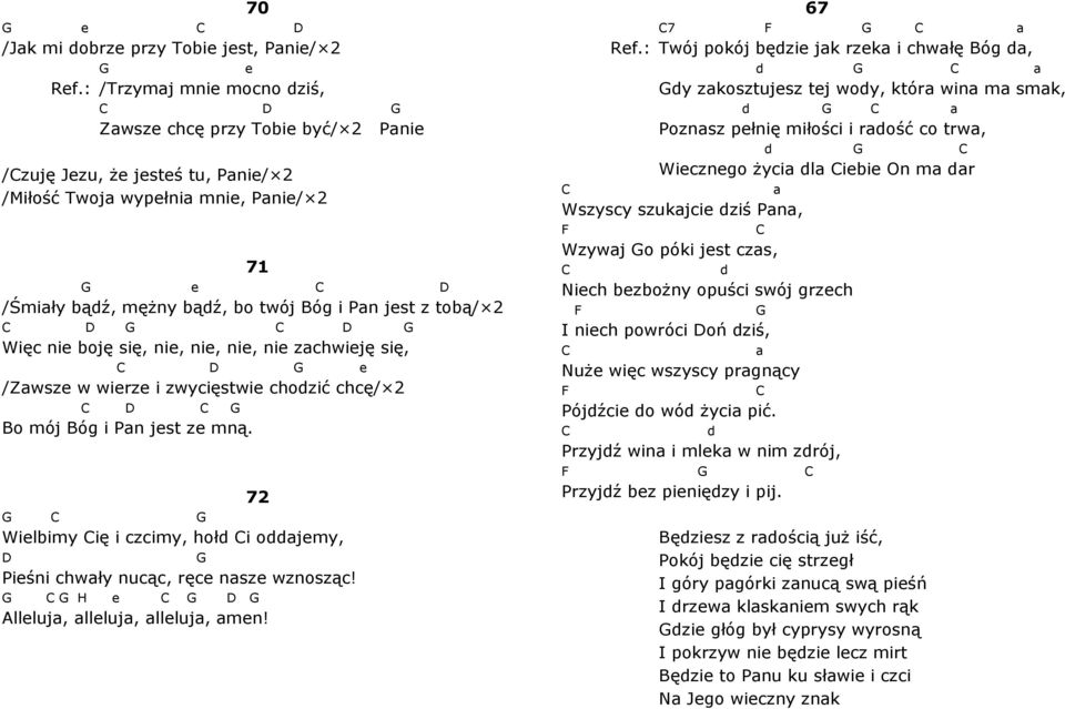 ni, ni, ni zchwiję się, /Zwsz w wirz i zwycięstwi chodzić chcę/ 2 Bo mój Bóg i Pn jst z mną. 72 Wilbimy ię i czcimy, hołd i oddjmy, Piśni chwły nucąc, ręc nsz wznosząc! H llluj, llluj, llluj, mn!