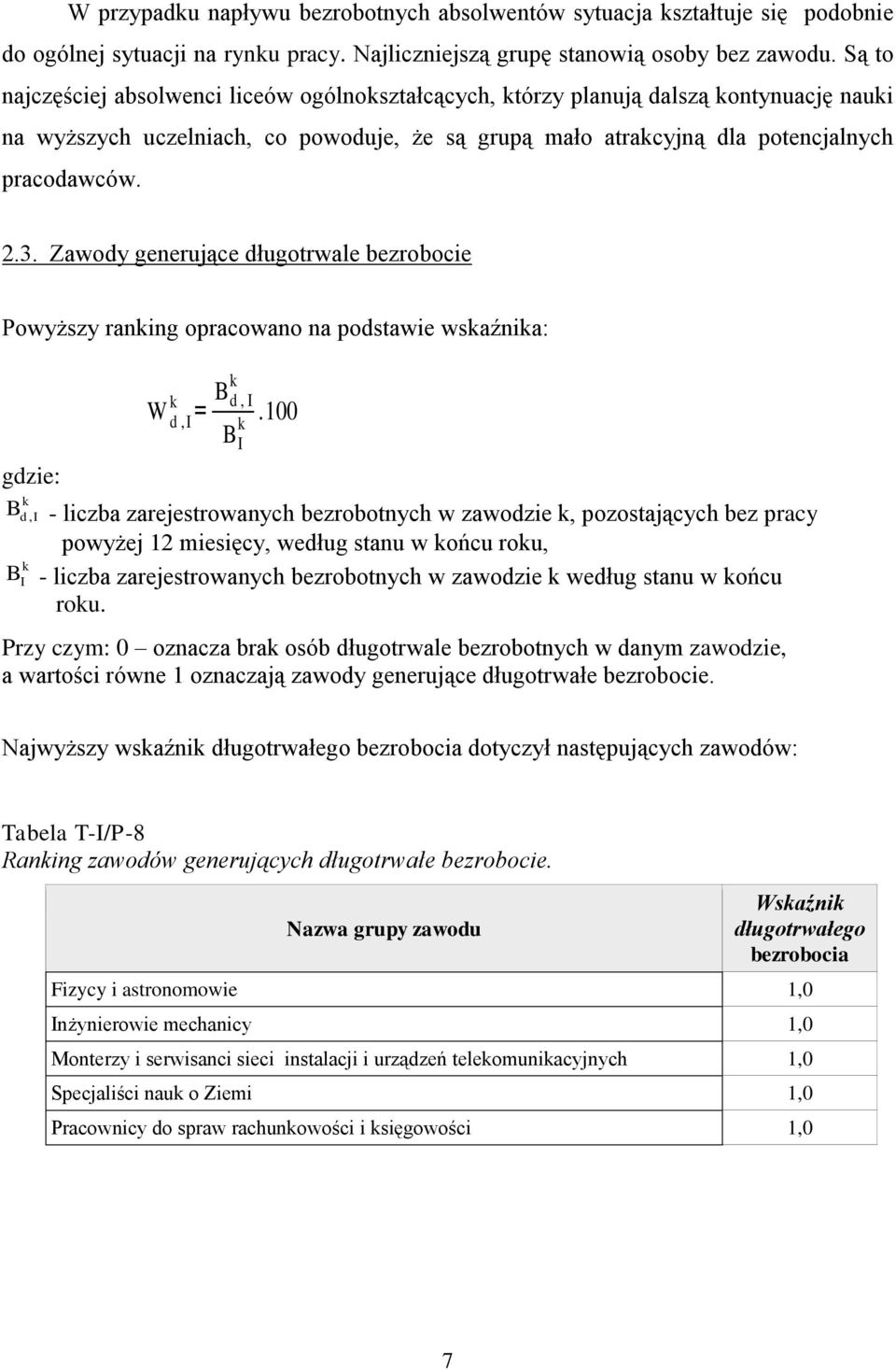 Zawody generujące długotrwale bezrobocie Powyższy raning opracowano na podstawie wsaźnia: W d,i = B d, I.