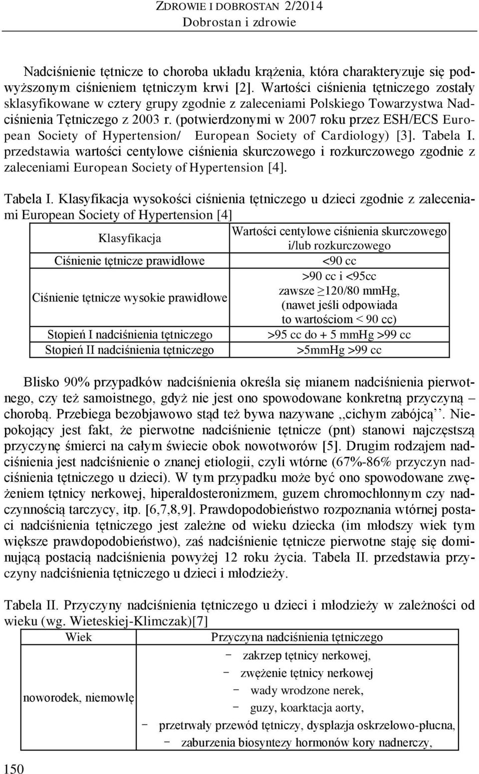 (potwierdzonymi w 2007 roku przez ESH/ECS European Society of Hypertension/ European Society of Cardiology) [3]. Tabela I.