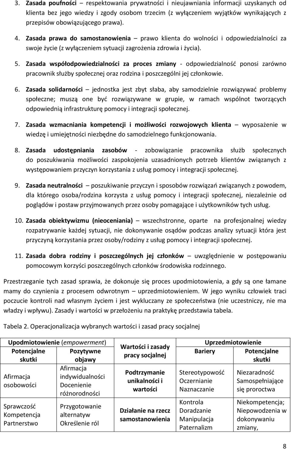Zasada współodpowiedzialności za proces zmiany - odpowiedzialność ponosi zarówno pracownik służby społecznej oraz rodzina i poszczególni jej członkowie. 6.