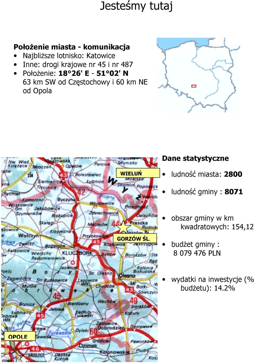 Opola Dane statystyczne WIELUŃ = ludność miasta: 2800 = ludność gminy : 8071 = obszar gminy w km