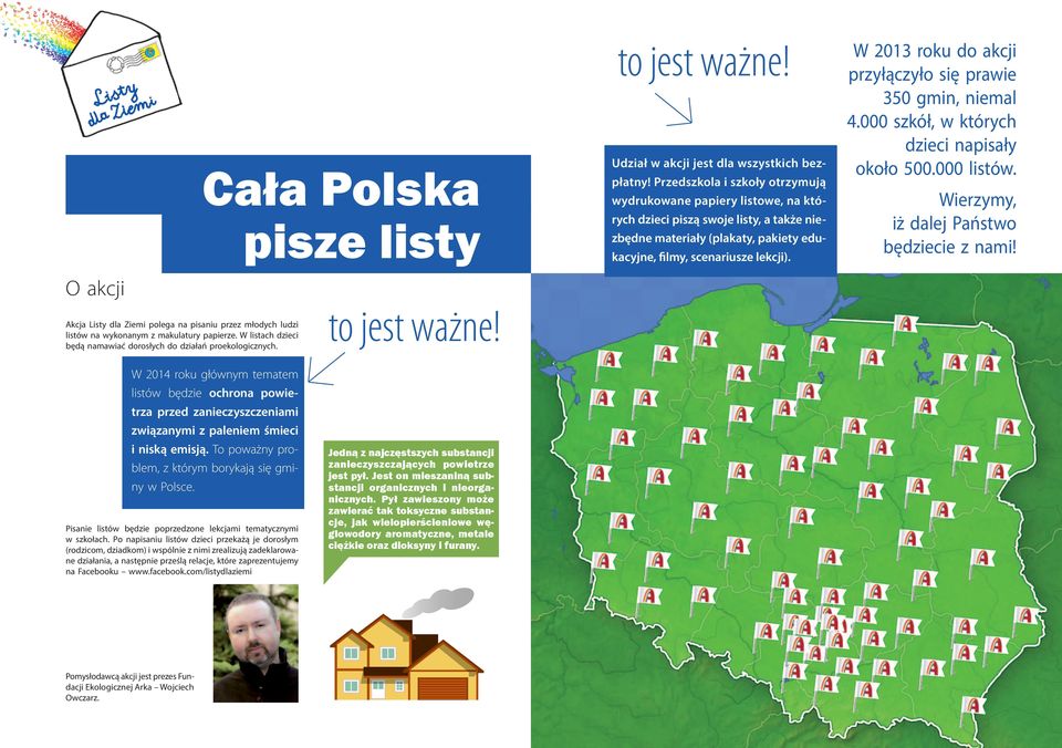 W 2013 roku do akcji przyłączyło się prawie 350 gmin, niemal 4.000 szkół, w których dzieci napisały około 500.000 listów. Wierzymy, iż dalej Państwo będziecie z nami!