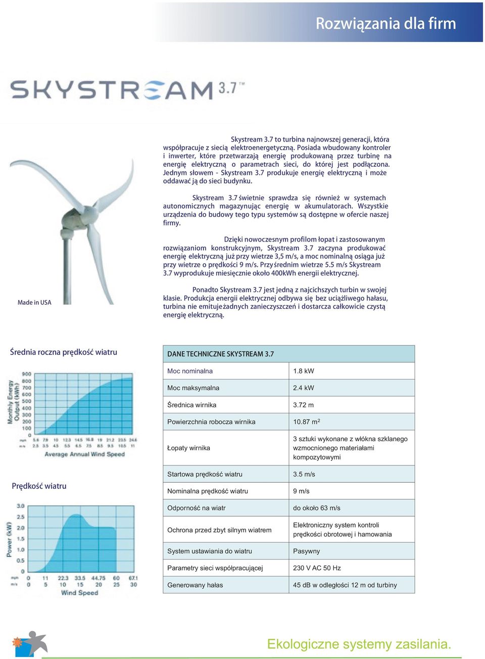 7 produkuje energiê elektryczn¹ i mo e oddawaæ j¹ do sieci budynku. Skystream 3.7 œwietnie sprawdza siê równie w systemach autonomicznych magazynuj¹c energiê w akumulatorach.