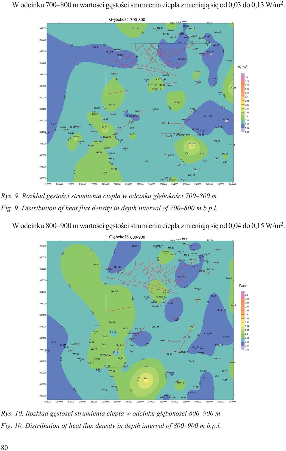 Distribution of heat flux density in depth interval of 700 800 m b.p.l. W odcinku 800 900 m wartoœci gêstoœci strumienia ciep³a zmieniaj¹ siê od 0,04 do 0,15.