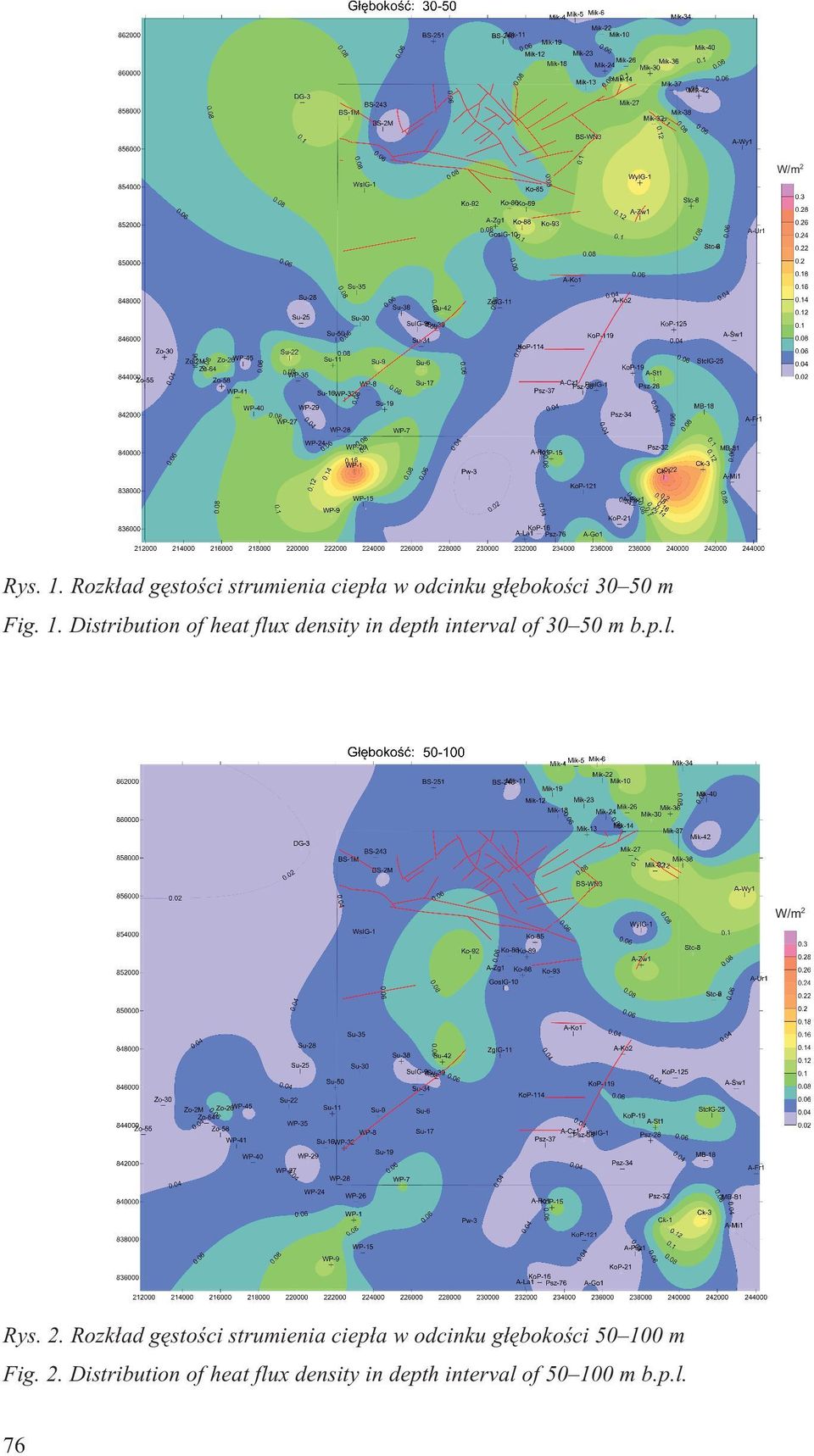 2. Rozk³ad gêstoœci strumienia ciep³a w odcinku g³êbokoœci 50 100 m Fig. 2.