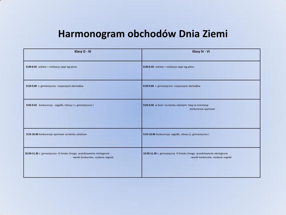 55-10.40 konkurencje sportowe na boisku szkolnym 9.55-10.40 konkurencja: zagadki, rebusy (s. gimnastyczna ) 10.50-11.30 s.