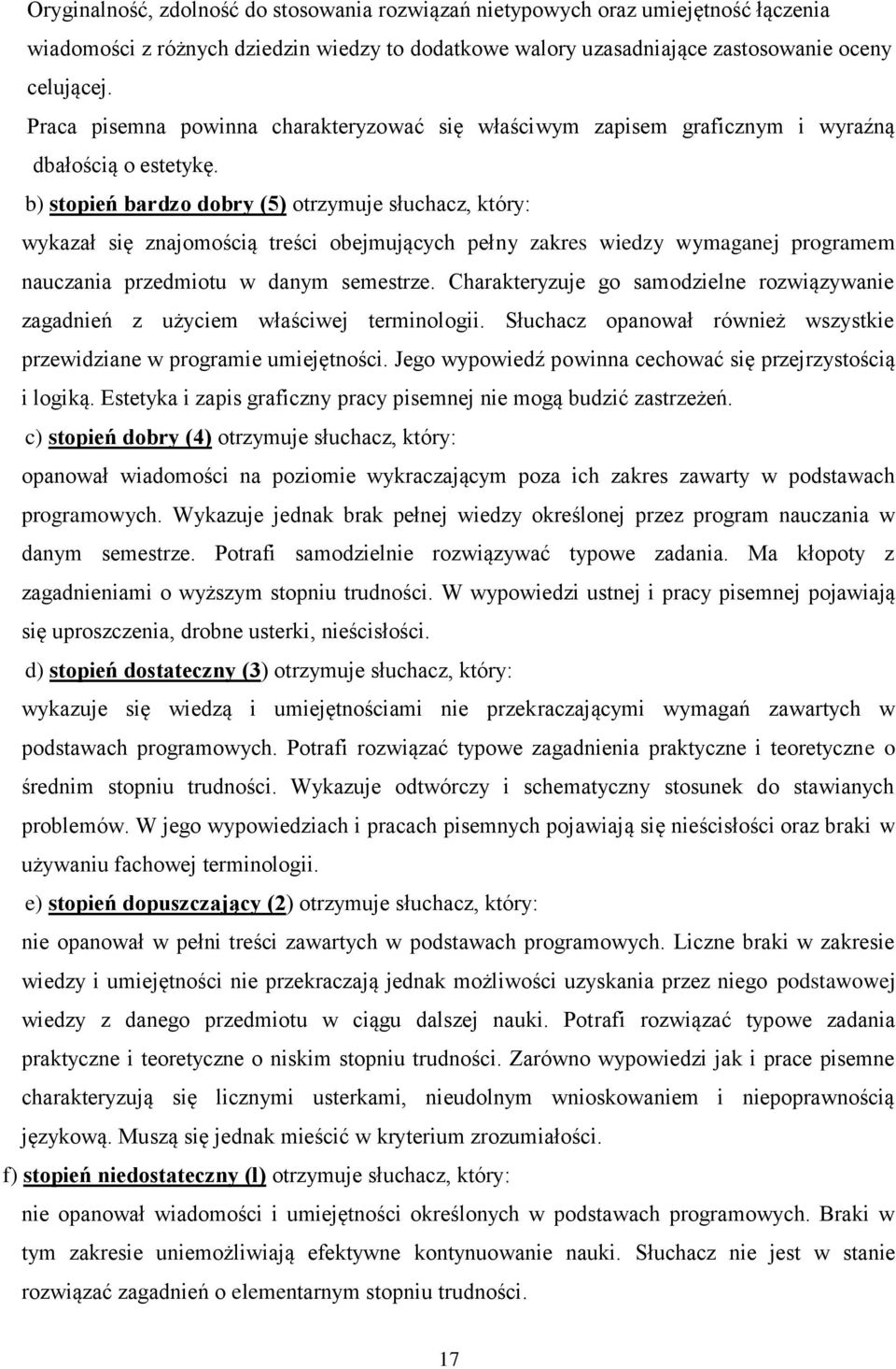 b) stopień bardzo dobry (5) otrzymuje słuchacz, który: wykazał się znajomością treści obejmujących pełny zakres wiedzy wymaganej programem nauczania przedmiotu w danym semestrze.