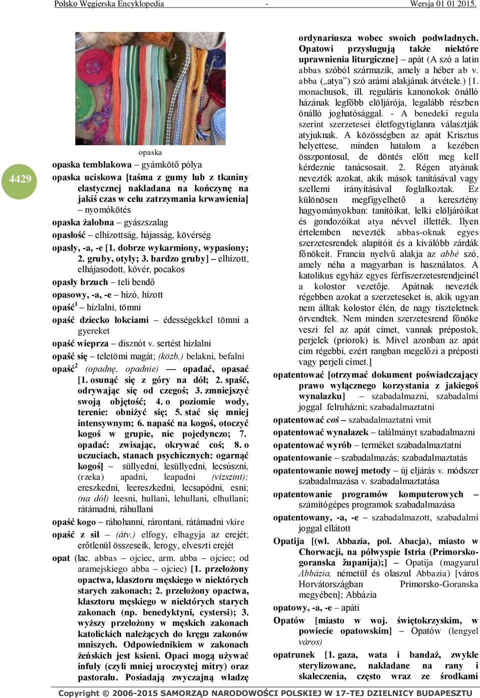 bardzo gruby] elhízott, elhájasodott, kövér, pocakos opasły brzuch teli bendő opasowy, -a, -e hízó, hízott opaść 1 hízlalni, tömni opaść dziecko łokciami édességekkel tömni a gyereket opaść wieprza