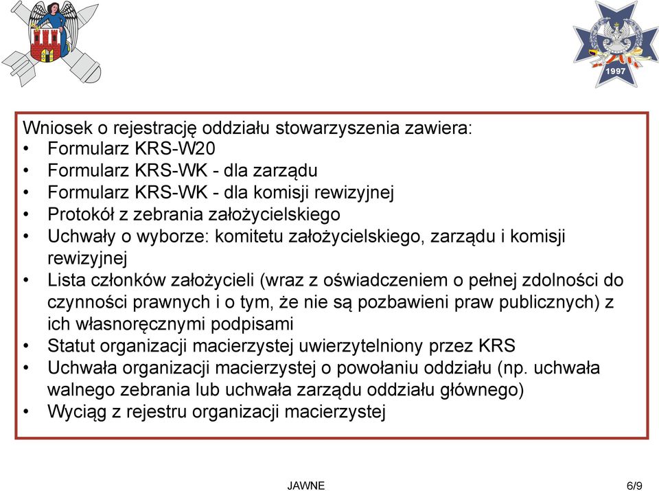 zdolności do czynności prawnych i o tym, że nie są pozbawieni praw publicznych) z ich własnoręcznymi podpisami Statut organizacji macierzystej uwierzytelniony przez