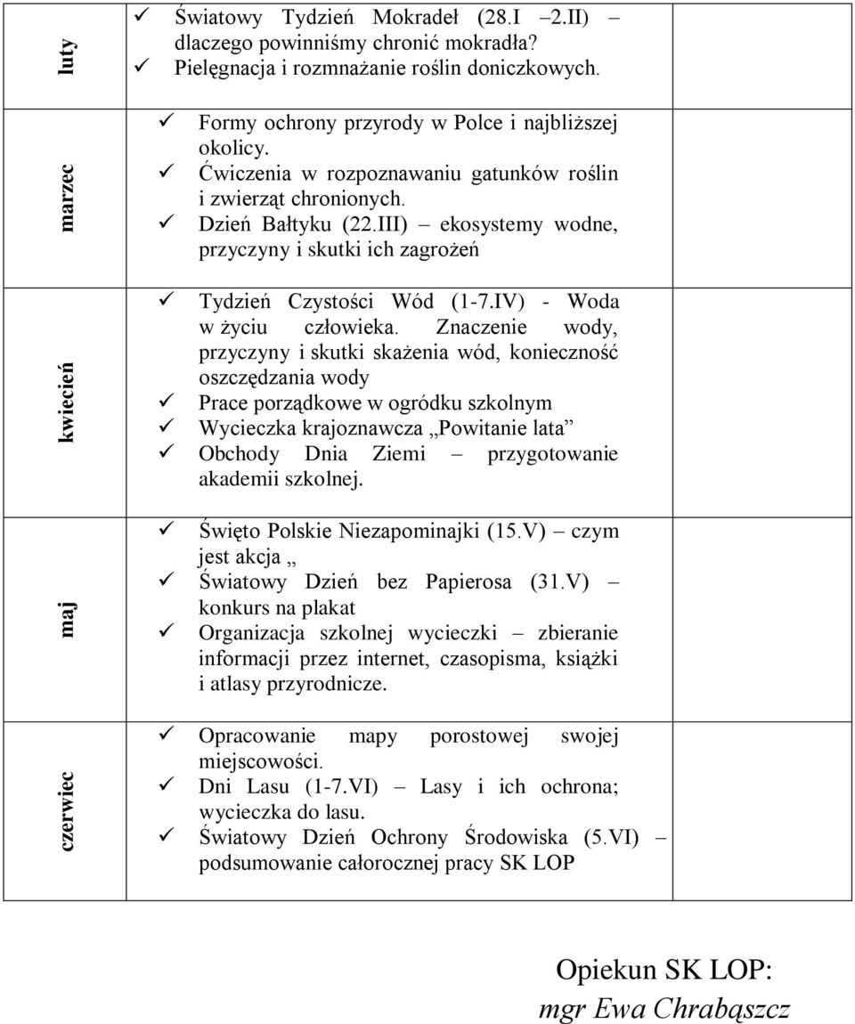 III) ekosystemy wodne, przyczyny i skutki ich zagrożeń Tydzień Czystości Wód (1-7.IV) - Woda w życiu człowieka.