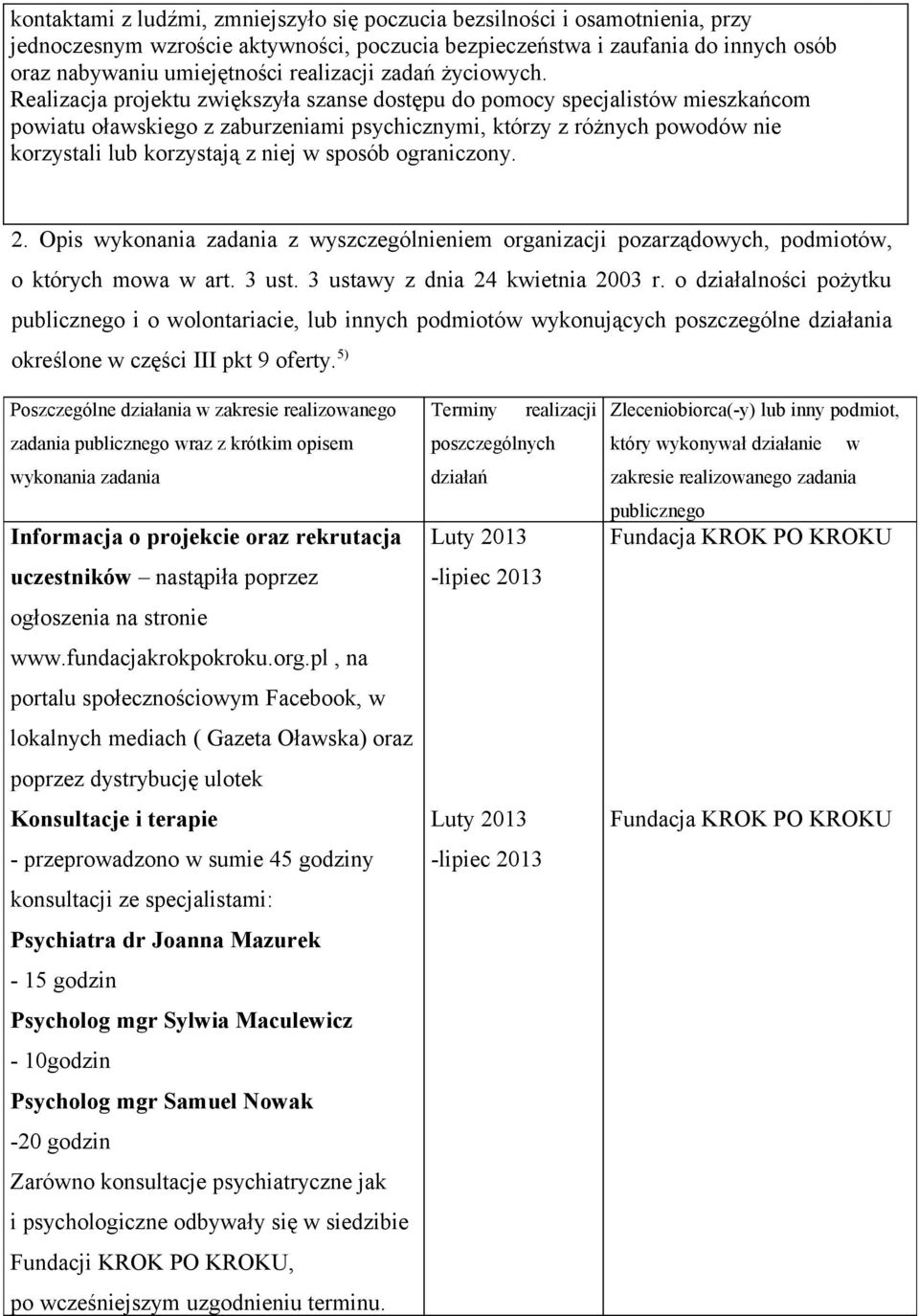 Opis ykonania adania yscególnieniem organiacji poarądoych, podmiotó, o których moa art. ust. ustay dnia 24 kietnia 2 r.