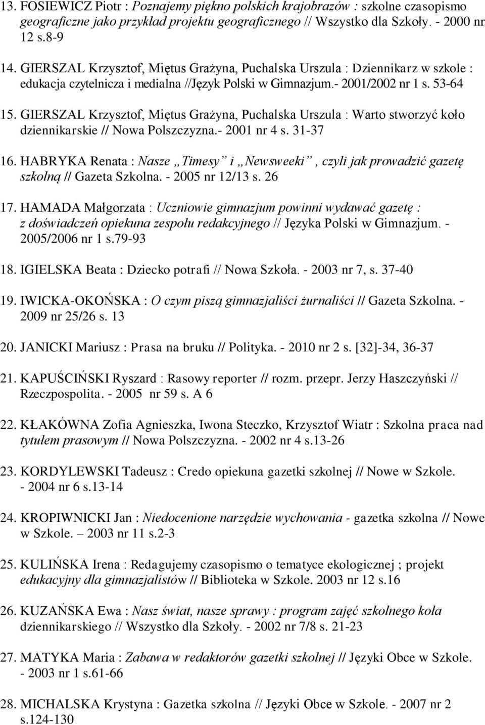 GIERSZAL Krzysztof, Miętus Grażyna, Puchalska Urszula : Warto stworzyć koło dziennikarskie // Nowa Polszczyzna.- 2001 nr 4 s. 31-37 16.