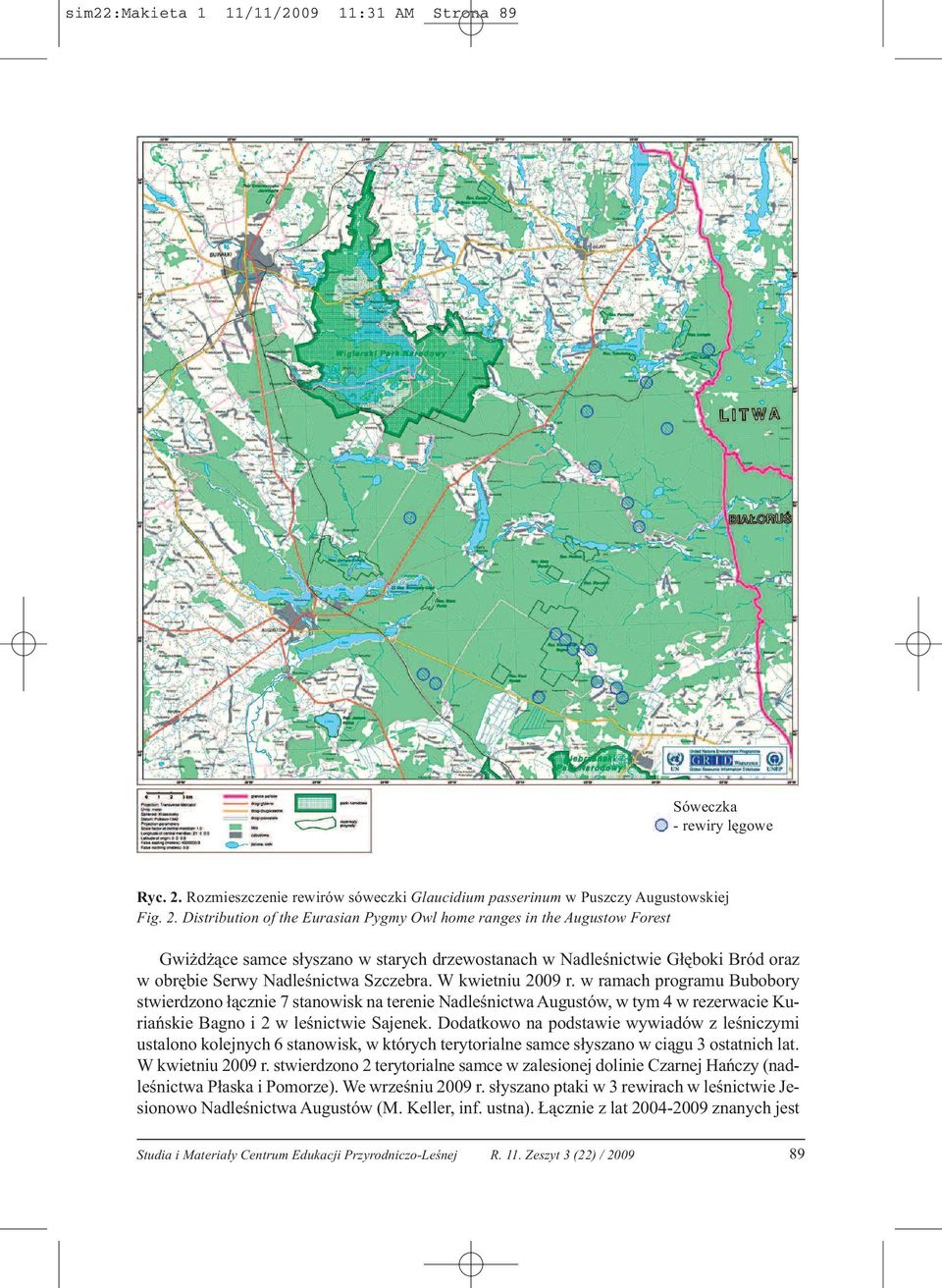 Distribution of the Eurasian Pygmy Owl home ranges in the Augustow Forest Gwiżdżące samce słyszano w starych drzewostanach w Nadleśnictwie Głęboki Bród oraz w obrębie Serwy Nadleśnictwa Szczebra.