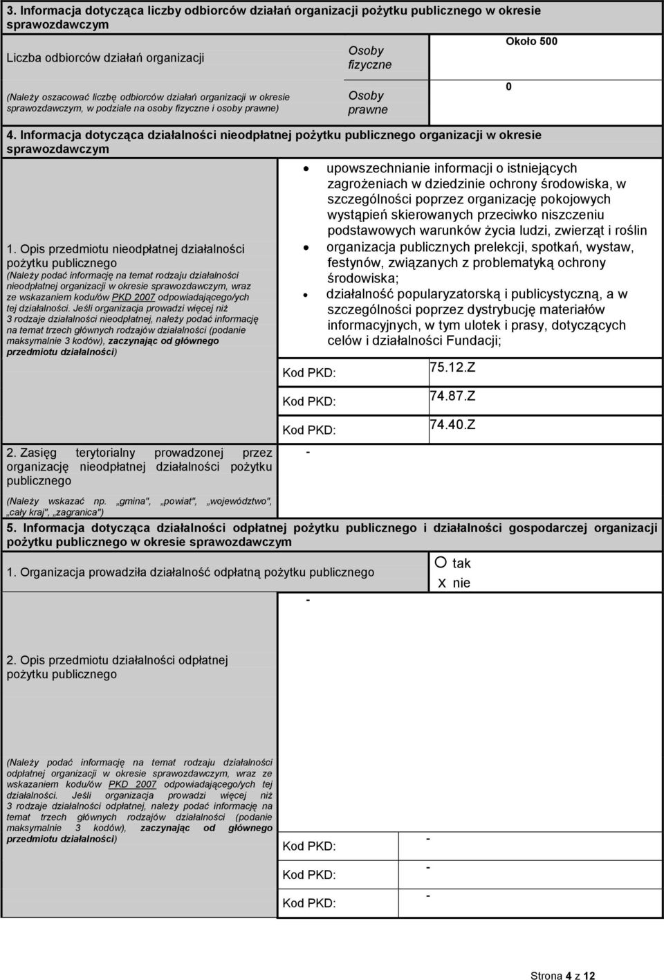 Opis przedmiotu nieodpłatnej działalności pożytku publicznego (Należy podać informację na temat rodzaju działalności nieodpłatnej organizacji w okresie, wraz ze wskazaniem kodu/ów PKD 007