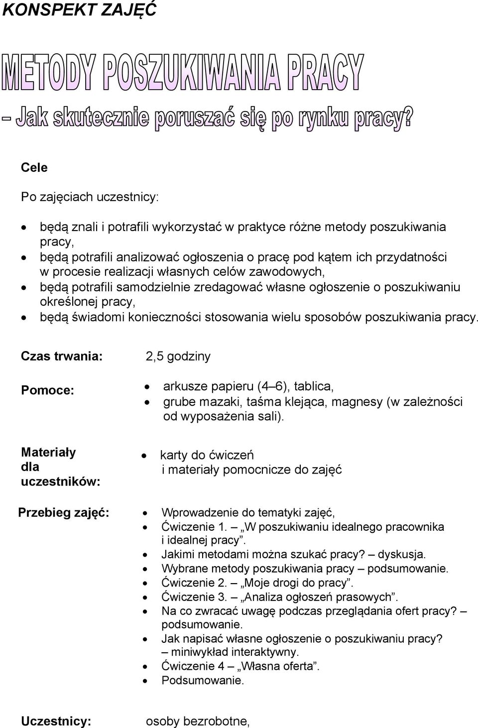 poszukiwania pracy. Czas trwania: 2,5 godziny Pomoce: arkusze papieru (4 6), tablica, grube mazaki, taśma klejąca, magnesy (w zależności od wyposażenia sali).