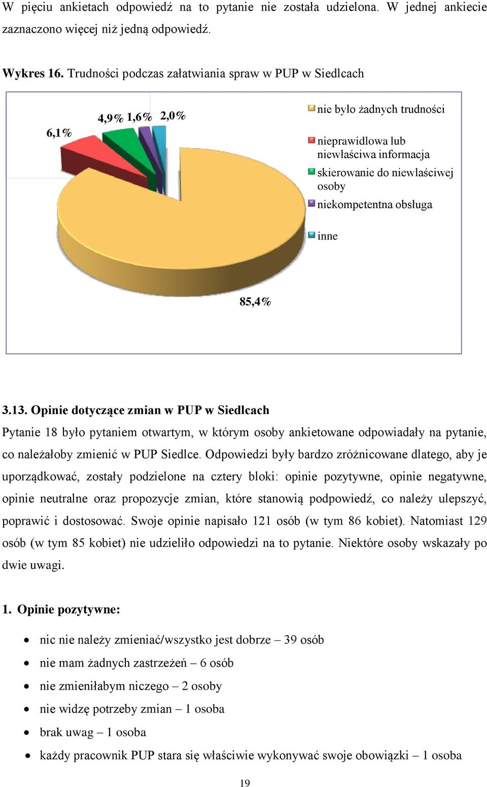 inne 85,4% 3.13. Opinie dotyczące zmian w PUP w Siedlcach Pytanie 18 było pytaniem otwartym, w którym osoby ankietowane odpowiadały na pytanie, co należałoby zmienić w PUP Siedlce.