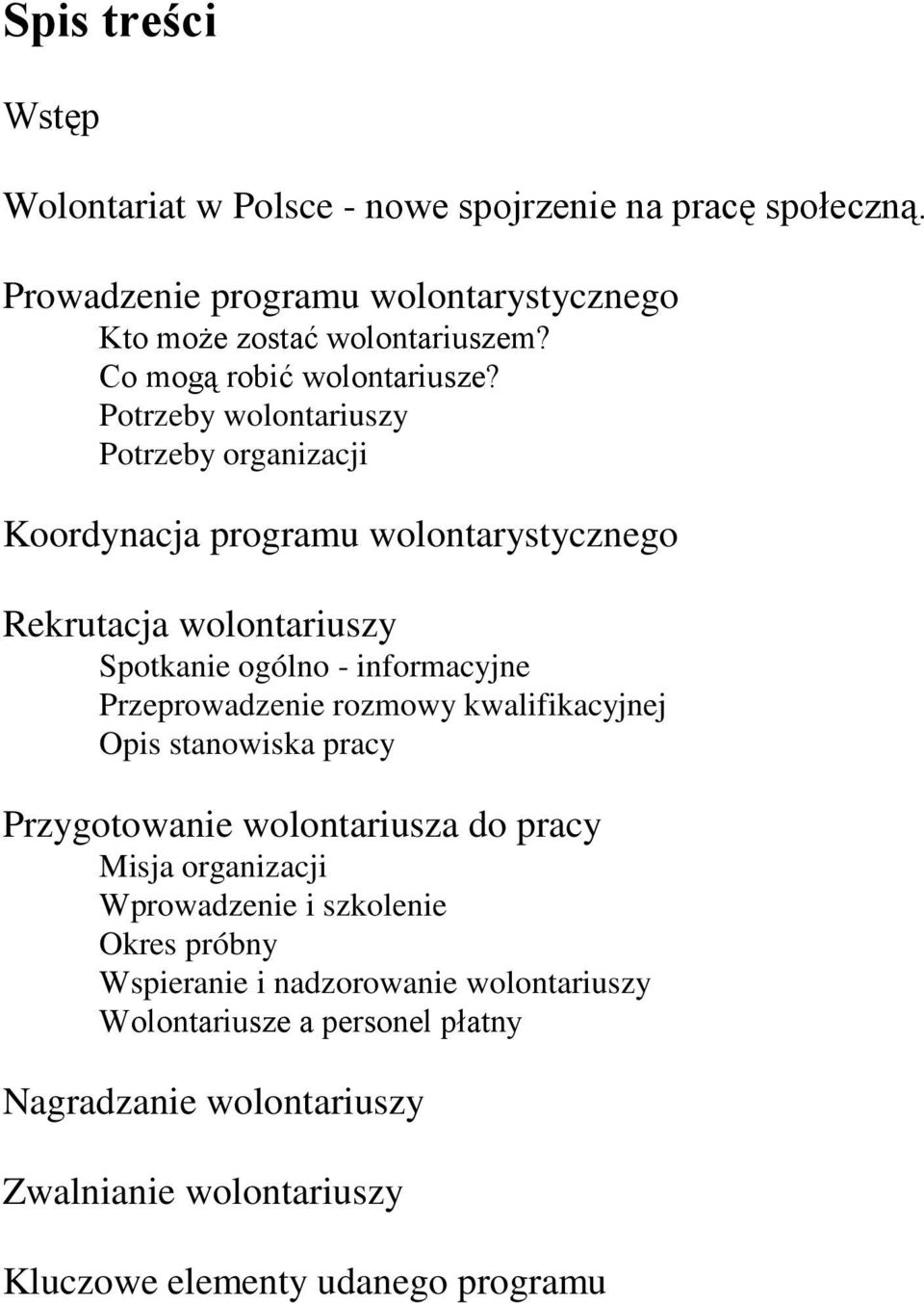 Potrzeby wolontariuszy Potrzeby organizacji Koordynacja programu wolontarystycznego Rekrutacja wolontariuszy Spotkanie ogólno - informacyjne Przeprowadzenie