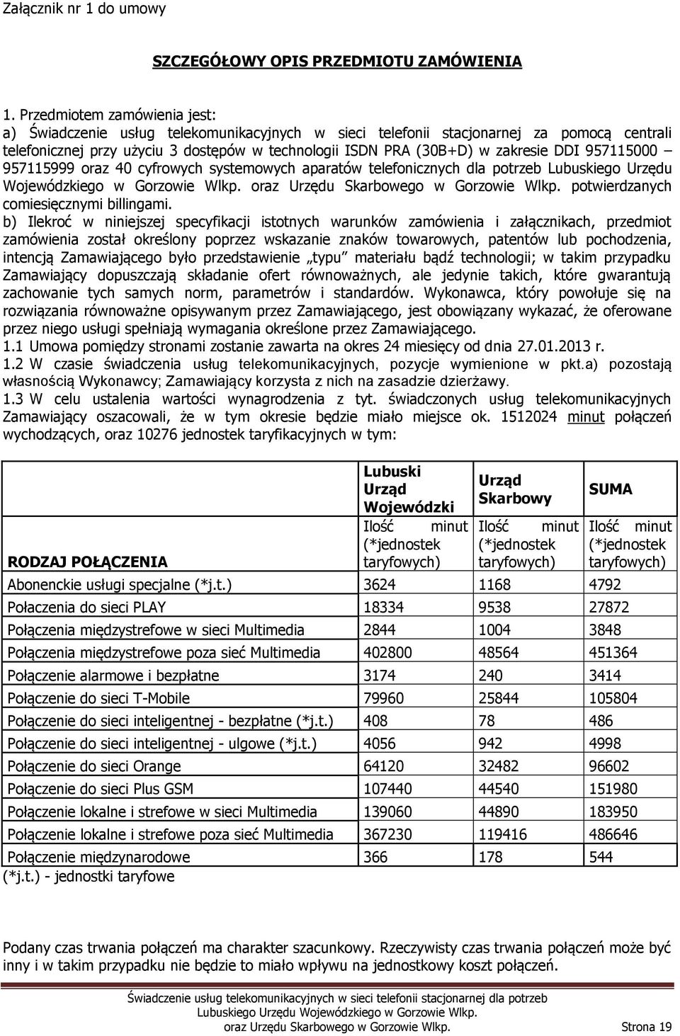 DDI 957115000 957115999 oraz 40 cyfrowych systemowych aparatów telefonicznych dla potrzeb Lubuskiego Urzędu Wojewódzkiego w Gorzowie Wlkp. oraz Urzędu Skarbowego w Gorzowie Wlkp.