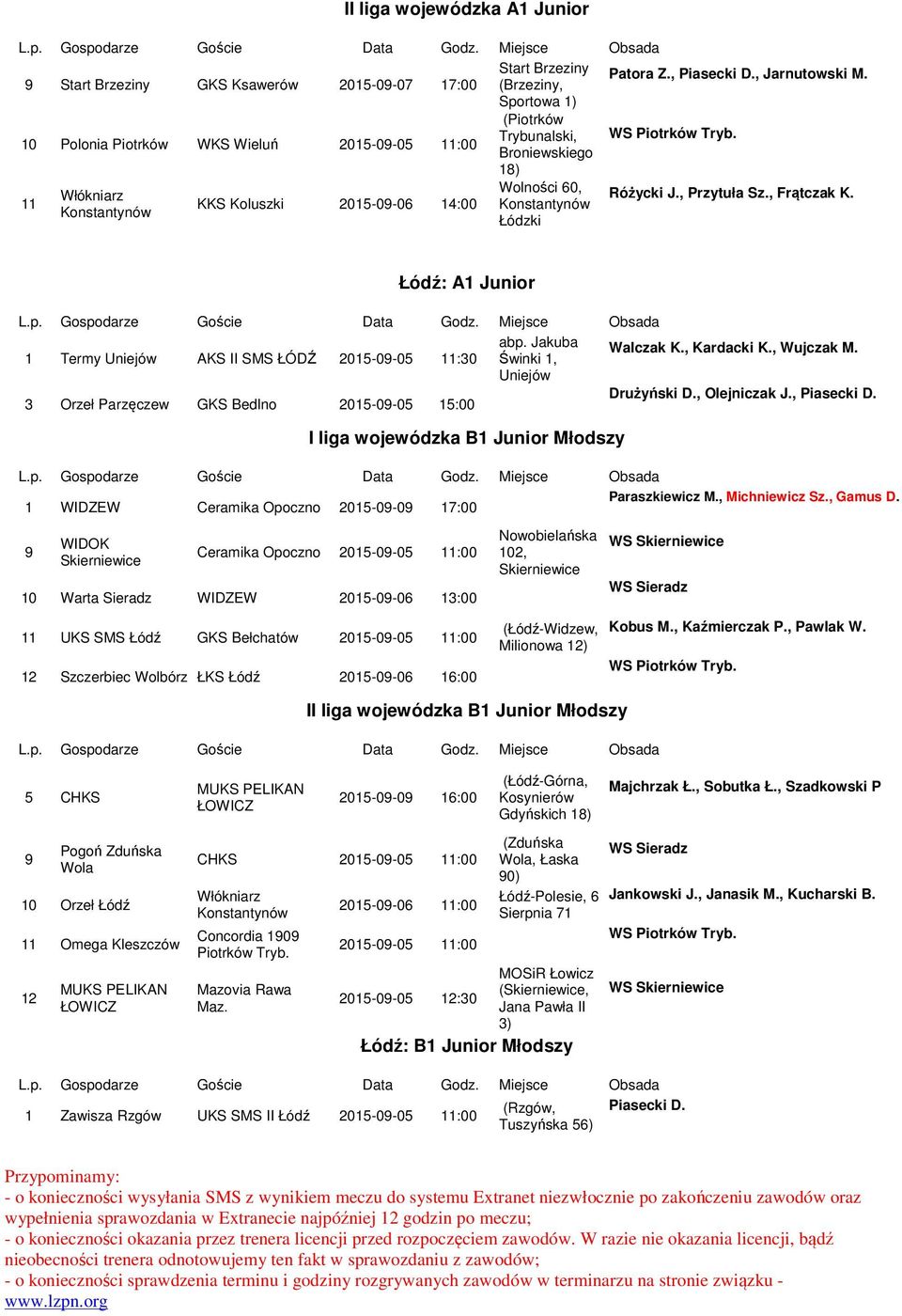 KKS Koluszki 2015-0-06 14:00 Konstantynów Konstantynów Łódzki Łódź: A1 Junior abp. Jakuba Walczak K., Kardacki K., Wujczak M. 1 Termy Uniejów AKS II SMS :30 Świnki 1, Uniejów Drużyński D.