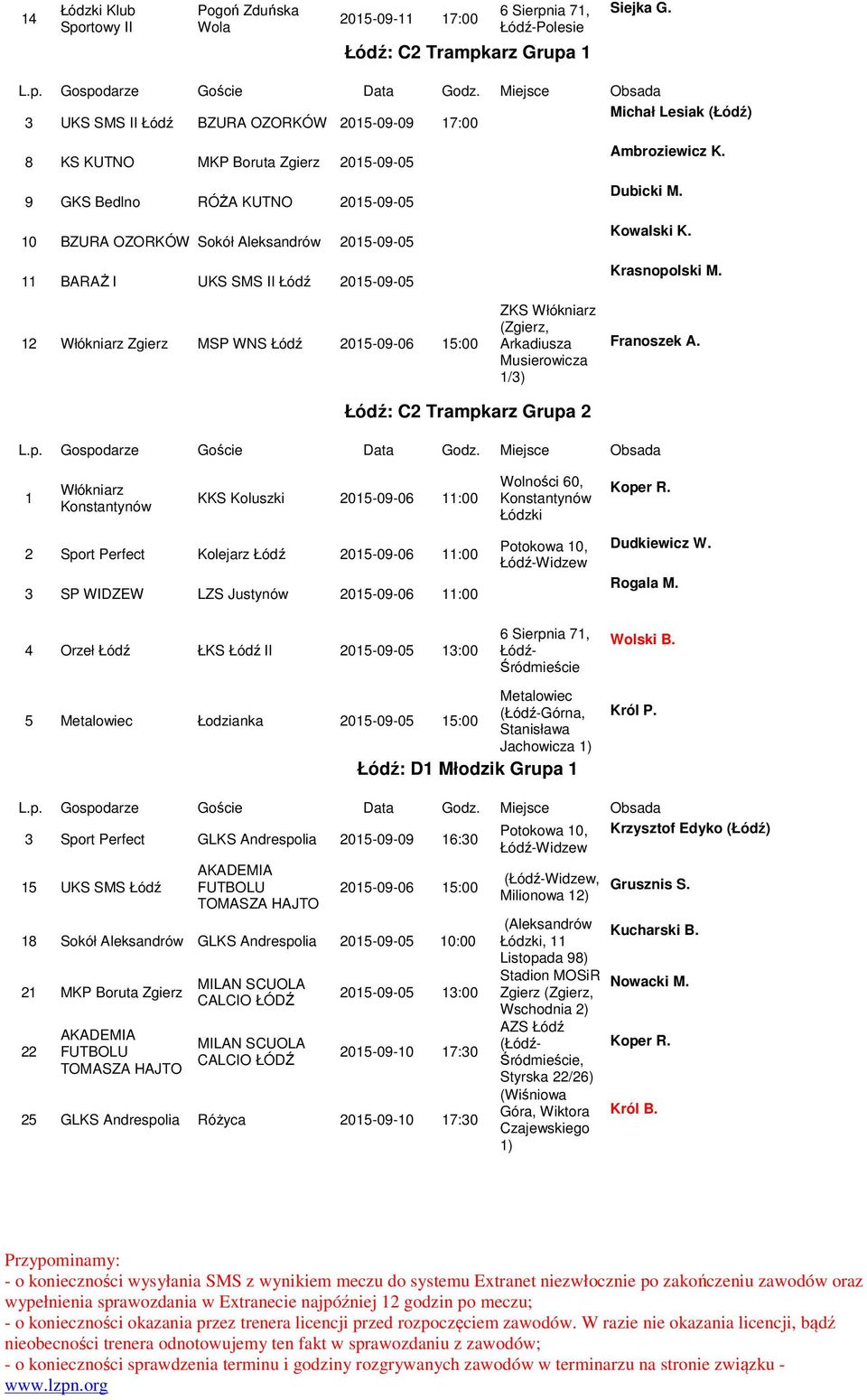 WNS Łódź 2015-0-06 15:00 ZKS Włókniarz (Zgierz, Arkadiusza Musierowicza 1/3) Łódź: C2 Trampkarz Grupa 2 Ambroziewicz K. Dubicki M. Kowalski K. Krasnopolski M. Franoszek A.