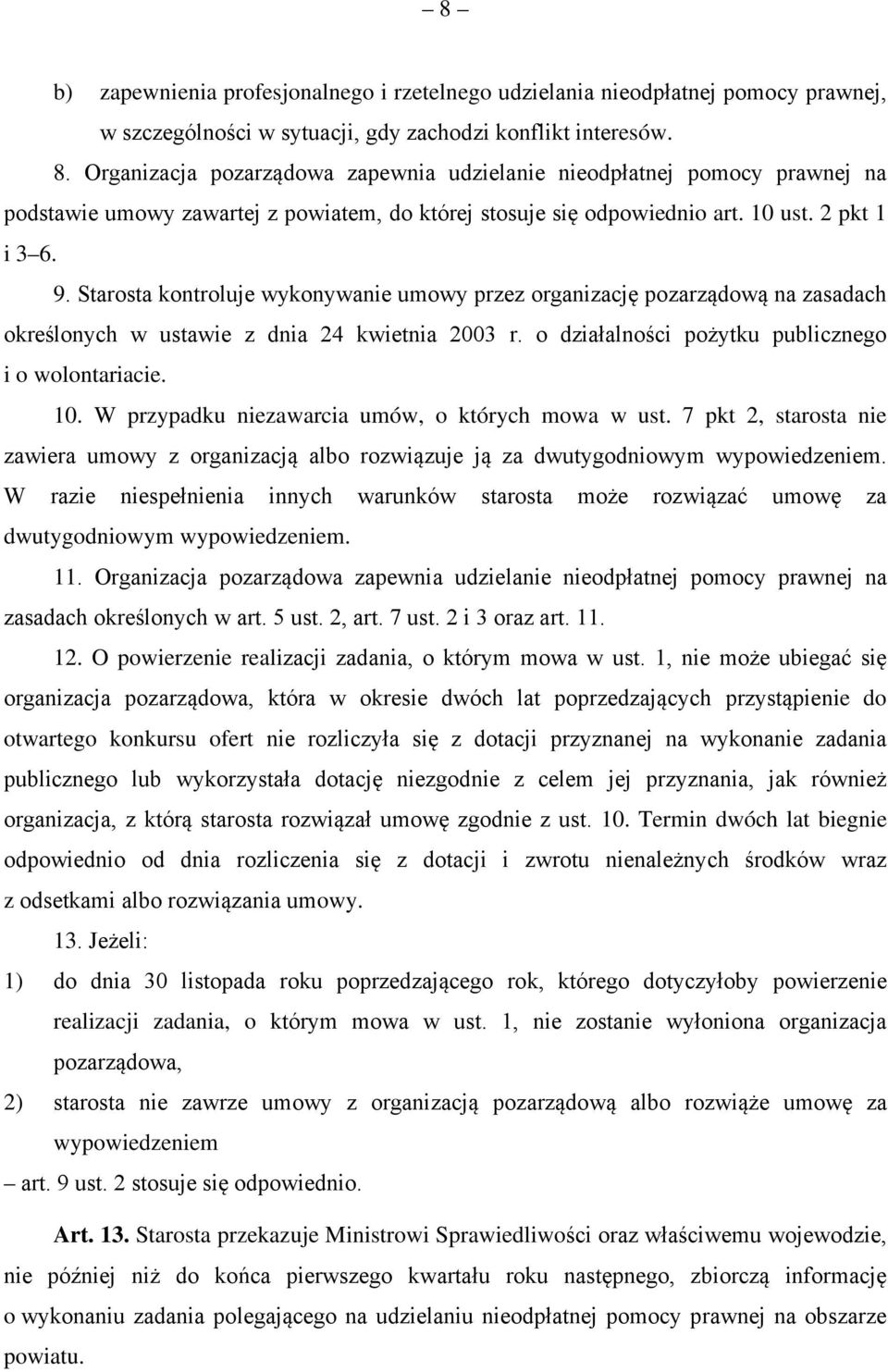 Starosta kontroluje wykonywanie umowy przez organizację pozarządową na zasadach określonych w ustawie z dnia 24 kwietnia 2003 r. o działalności pożytku publicznego i o wolontariacie. 10.