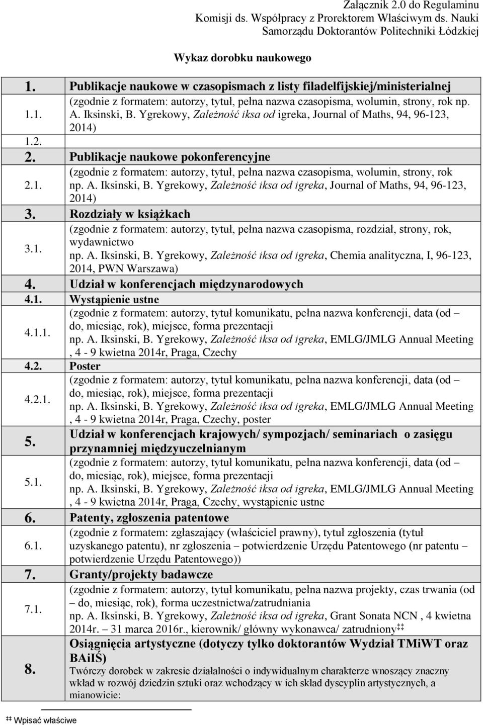 Ygrekowy, Zależność iksa od igreka, Journal of Maths, 94, 96-123, 2014) 1.2. 2. Publikacje naukowe pokonferencyjne (zgodnie z formatem: autorzy, tytuł, pełna nazwa czasopisma, wolumin, strony, rok 2.