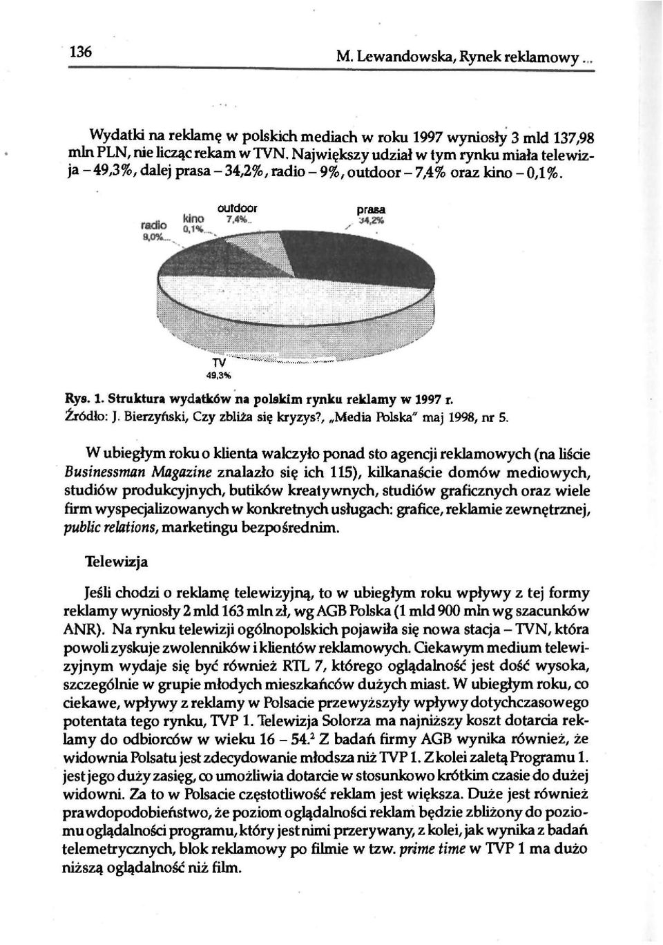 Struktura wydatków na polskim rynku reklamy w 1997 r. Źródło: J. Bierzyński, Czy zbliża się kryzys?, Media Polska" maj 1998, nr 5.