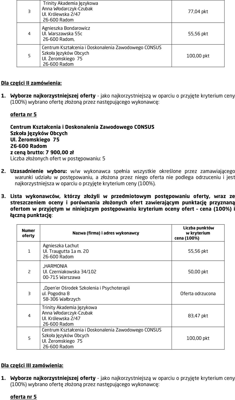 brutto: 7 900,00 zł Liczba złożonych ofert w postępowaniu:. Uzasadnienie wyboru: w/w wykonawca spełnia wszystkie określone przez zamawiającego Agnieszka Łachut Ul.