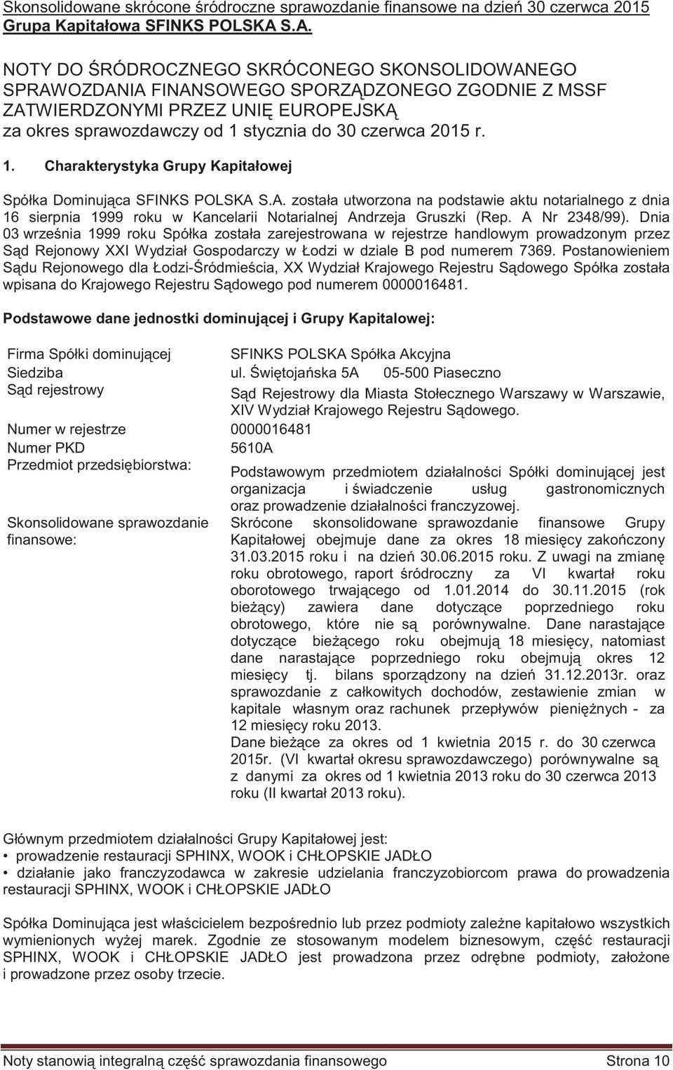 1. Charakterystyka Grupy Kapitałowej Spółka Dominuj ca SFINKS POLSKA S.A. została utworzona na podstawie aktu notarialnego z dnia 16 sierpnia 1999 roku w Kancelarii Notarialnej Andrzeja Gruszki (Rep.