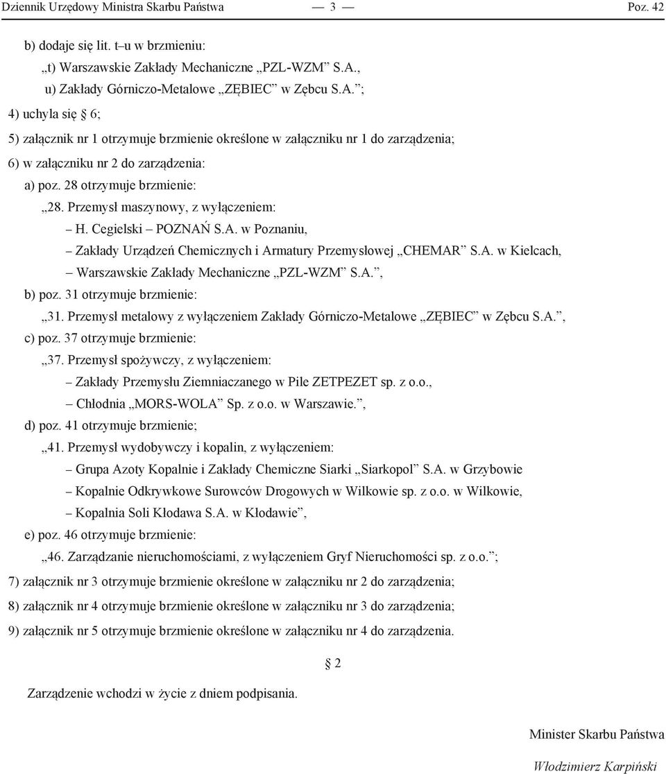 28 otrzymuje brzmienie: 28. Przemysł maszynowy, z wyłączeniem: H. Cegielski POZNAŃ S.A. w Poznaniu, Zakłady Urządzeń Chemicznych i Armatury Przemysłowej CHEMAR S.A. w Kielcach, Warszawskie Zakłady Mechaniczne PZL-WZM S.