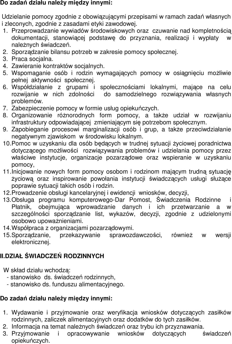 Sporządzanie bilansu potrzeb w zakresie pomocy społecznej. 3. Praca socjalna. 4. Zawieranie kontraktów socjalnych. 5.