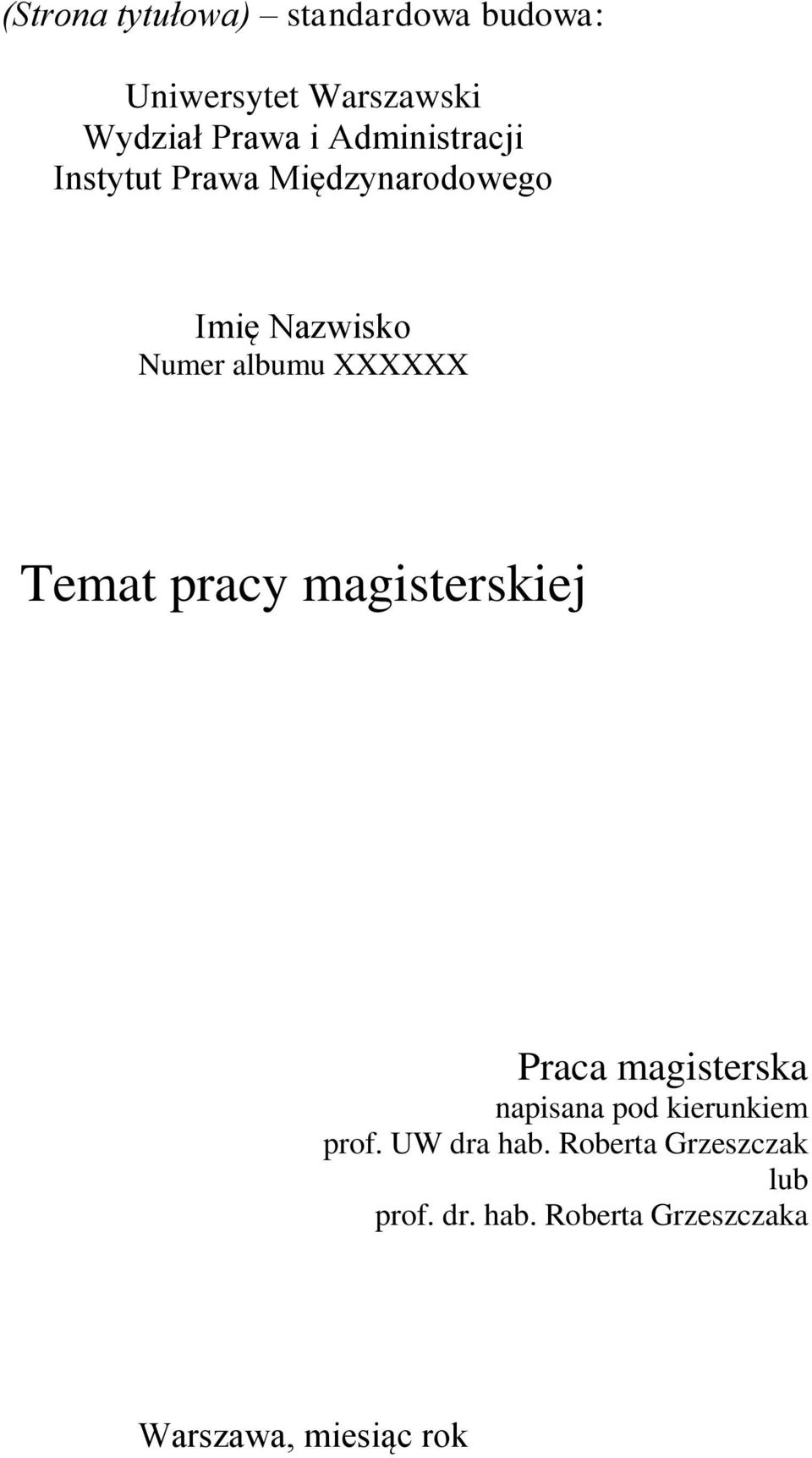 Temat pracy magisterskiej Praca magisterska napisana pod kierunkiem prof.