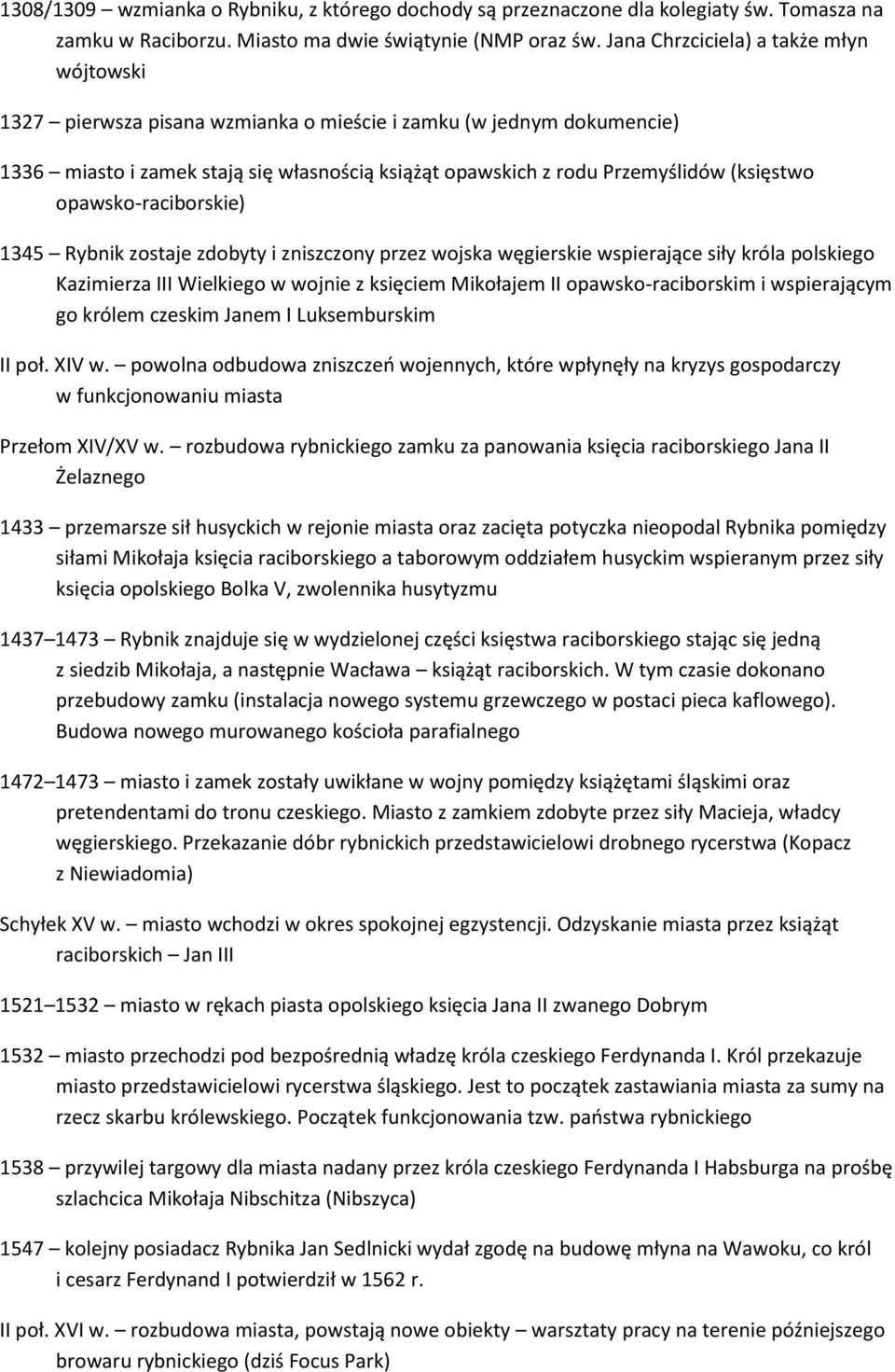 opawsko-raciborskie) 1345 Rybnik zostaje zdobyty i zniszczony przez wojska węgierskie wspierające siły króla polskiego Kazimierza III Wielkiego w wojnie z księciem Mikołajem II opawsko-raciborskim i