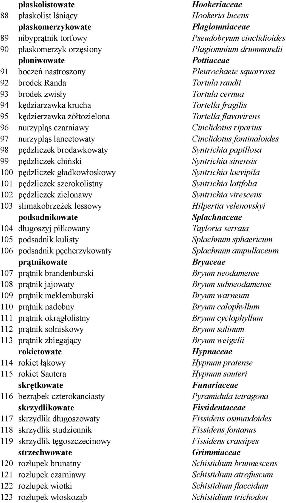 żółtozielona Tortella flavovirens 96 nurzypląs czarniawy Cinclidotus riparius 97 nurzypląs lancetowaty Cinclidotus fontinaloides 98 pędzliczek brodawkowaty Syntrichia papillosa 99 pędzliczek chiński