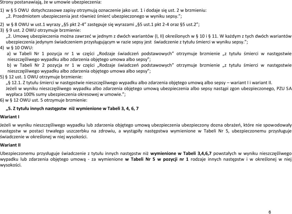 2 OWU otrzymuje brzmienie: 2. Umowę ubezpieczenia można zawrzeć w jednym z dwóch wariantów (I, II) określonych w 10 i 11.