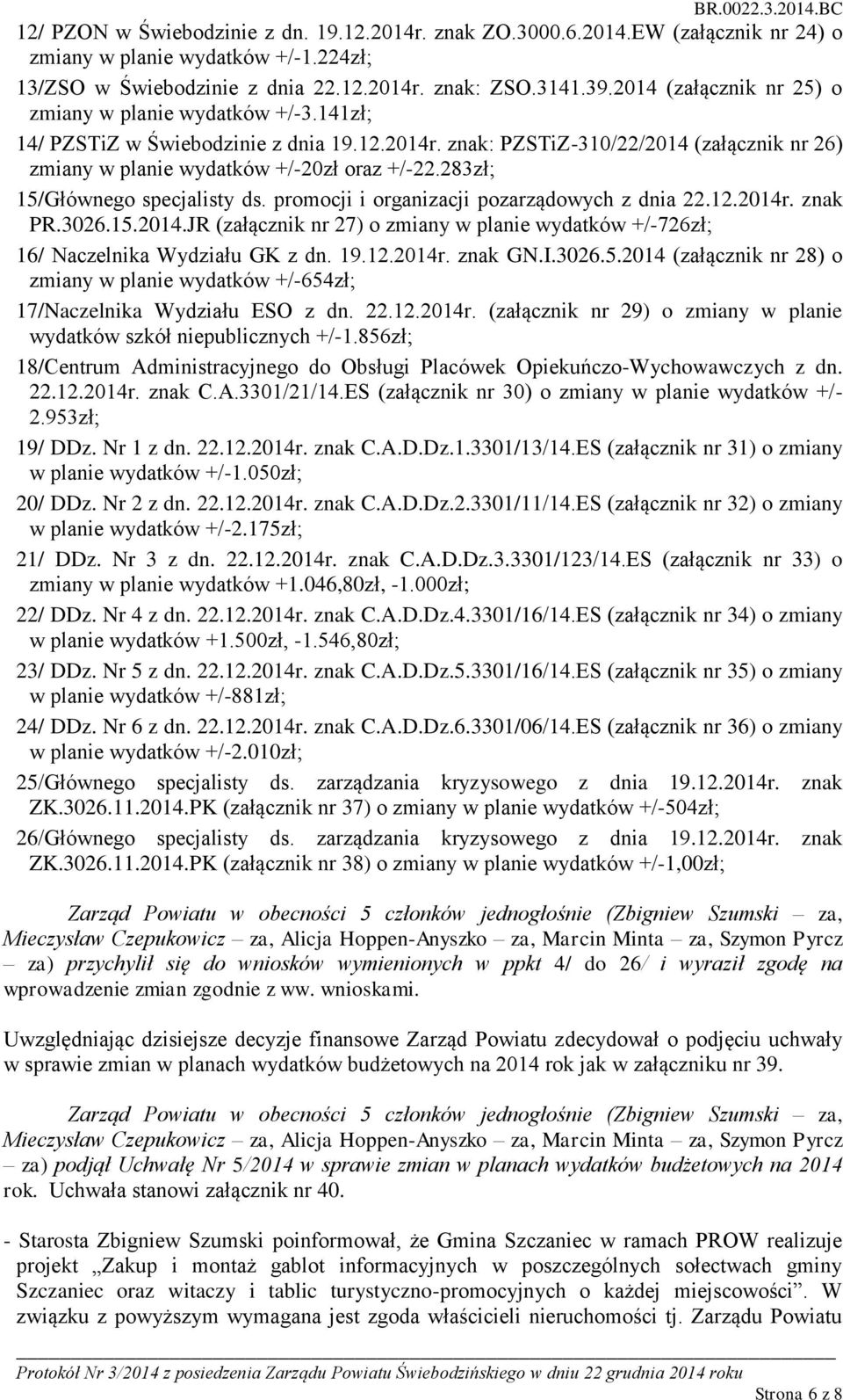 283zł; 15/Głównego specjalisty ds. promocji i organizacji pozarządowych z dnia 22.12.2014r. znak PR.3026.15.2014.JR (załącznik nr 27) o zmiany w planie wydatków +/-726zł; 16/ Naczelnika Wydziału GK z dn.