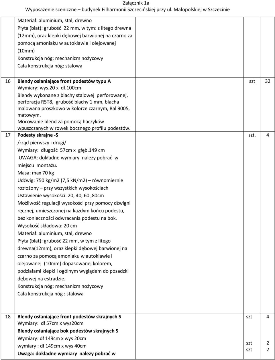 100cm Blendy wykonane z blachy stalowej perforowanej, perforacja R5T8, grubość blachy 1 mm, blacha malowana proszkowo w kolorze czarnym, Ral 9005, matowym.