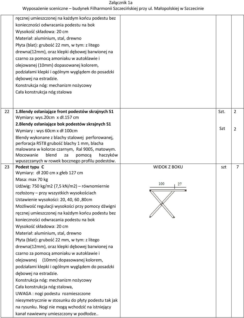 Konstrukcja nóg: mechanizm nożycowy Cała konstrukcja nóg stalowa 22 1.Blendy osłaniające front podestów skrajnych S1 Wymiary: wys.20cm x dł.157 cm 2.