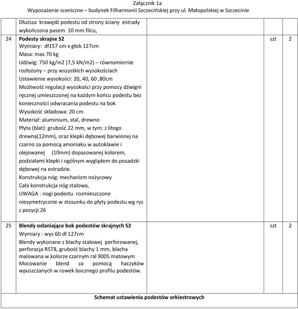 podestu na bok Wysokość składowa: 20 cm Materiał: aluminium, stal, drewno Płyta (blat): grubość 22 mm, w tym: z litego drewna(12mm), oraz klepki dębowej barwionej na czarno za pomocą amoniaku w