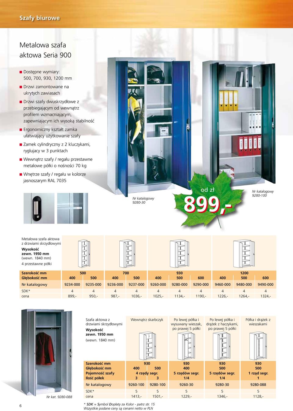 przestawne metalowe półki o nośności 70 kg Wnętrze szafy / regału w kolorze jasnoszarym RAL 7035 9280-30 Szerokość mm 700 930 1200 Głębokość mm 400 400 400 600 400 600 9234-000 9235-000 9236-000