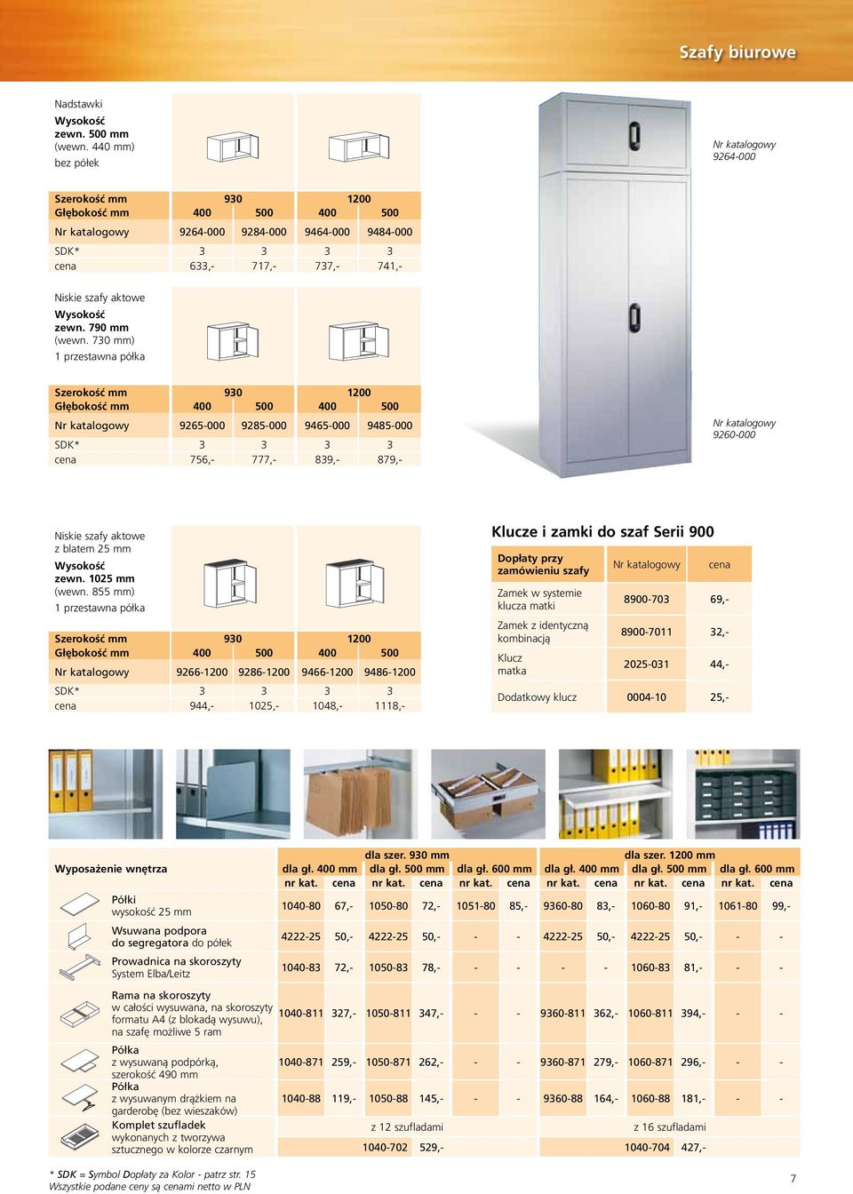 730 mm) 1 przestawna półka Szerokość mm 930 1200 Głębokość mm 400 400 9265-000 9285-000 9465-000 9485-000 SDK* 3 3 3 3 cena 756,- 777,- 839,- 879,- 9260-000 Niskie szafy aktowe z blatem 25 mm