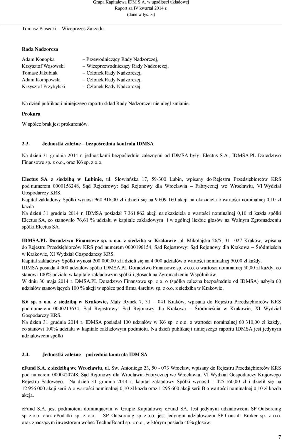 Prokura W spółce brak jest prokurentów. 2.3. Jednostki zależne bezpośrednia kontrola IDMSA Na dzień 31 grudnia 214 r. jednostkami bezpośrednio zależnymi od IDMSA były: Electus S.A., IDMSA.