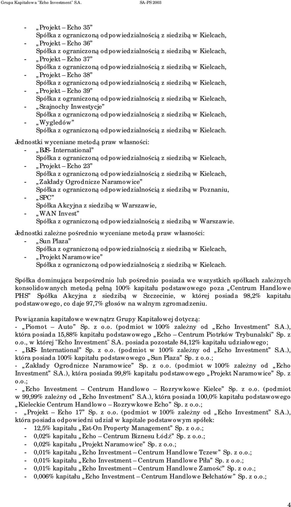 Jednostki wyceniane metodą praw własności: - BJS- International - Projekt Echo 23 - Zakłady Ogrodnicze Naramowice Spółka z ograniczoną odpowiedzialnością z siedzibą w Poznaniu, - SPC Spółka Akcyjna z