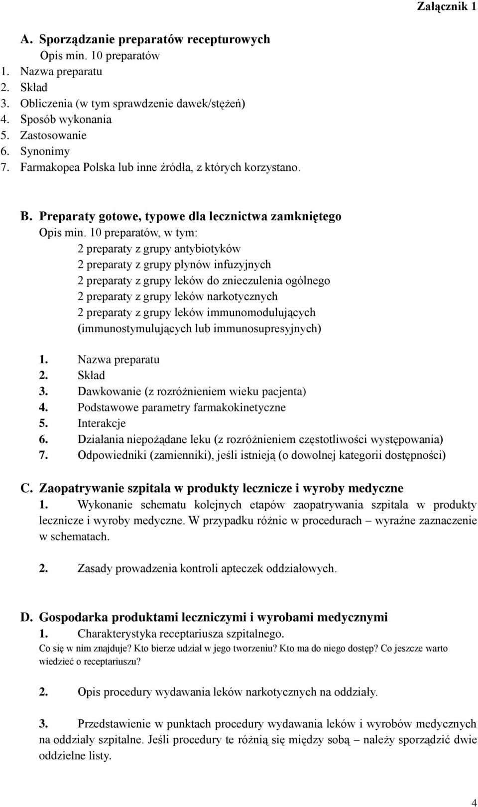 10 preparatów, w tym: 2 preparaty z grupy antybiotyków 2 preparaty z grupy płynów infuzyjnych 2 preparaty z grupy leków do znieczulenia ogólnego 2 preparaty z grupy leków narkotycznych 2 preparaty z