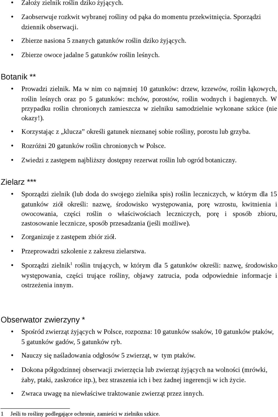 Ma w nim co najmniej 10 gatunków: drzew, krzewów, roślin łąkowych, roślin leśnych oraz po 5 gatunków: mchów, porostów, roślin wodnych i bagiennych.