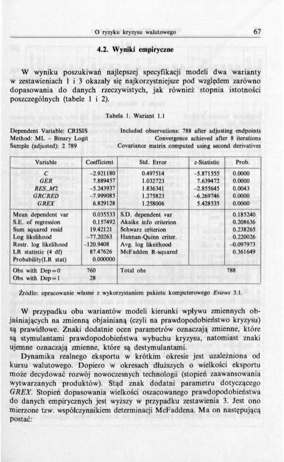 1 D ependent Variable: C RISIS M ethod: M L - Binary Logit Sample (adjusted): 2 789 Included observations: 788 after adjusting endpoints Convergence achieved after 8 iterations Covariance matrix